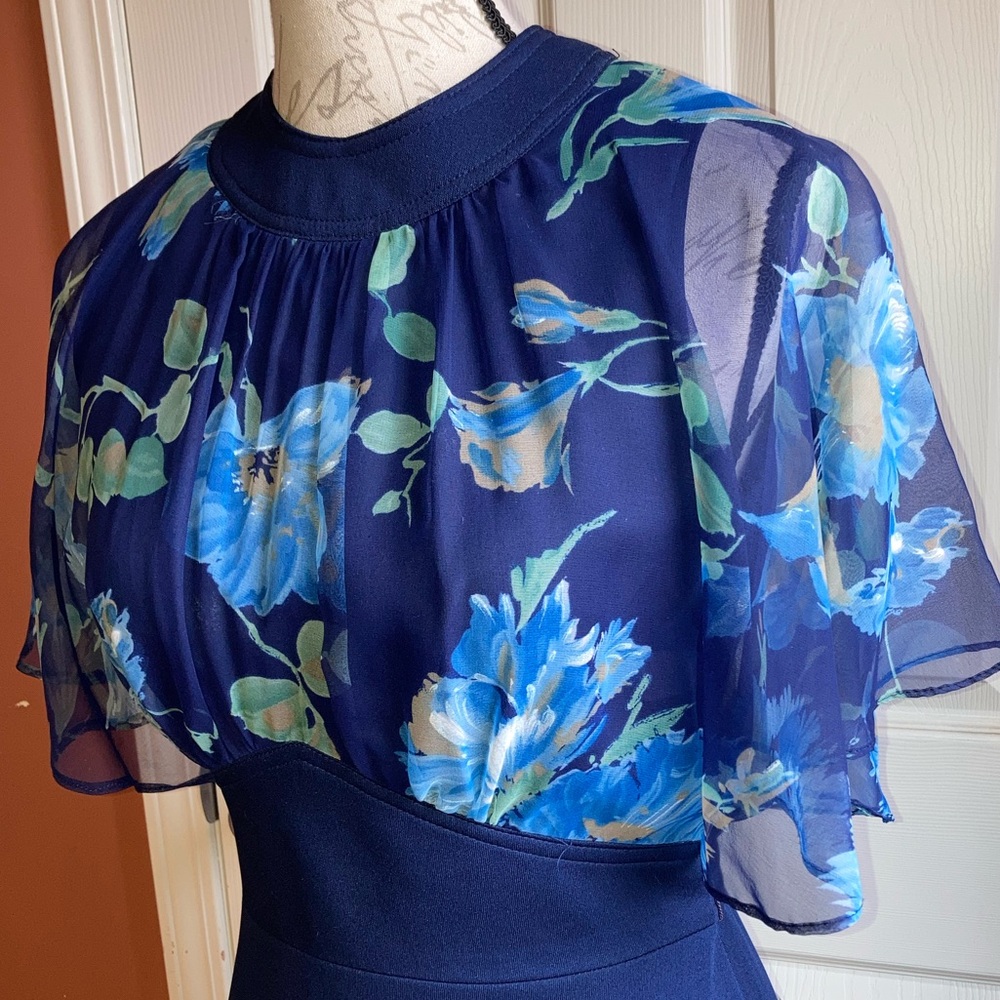 Vintage 70s Flutter Sleeve High Neckline Maxi Dress Floral Navy Formal Wedding - Picture 6 of 9